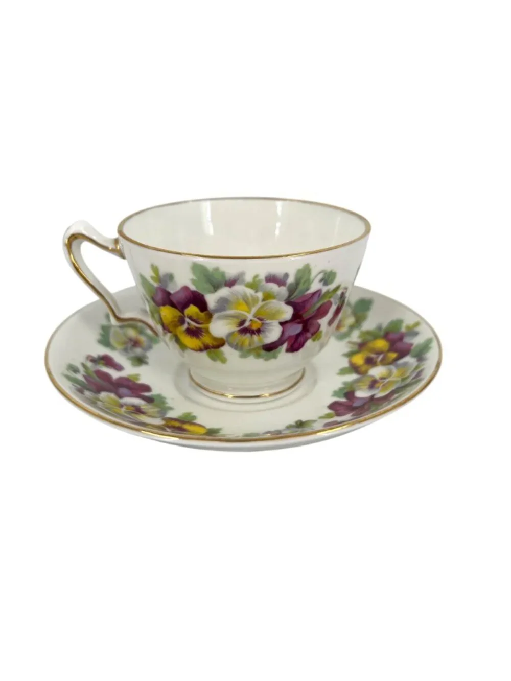 Crown Staffordshire England Purple Yellow Pansies Gold Trimmed F15069